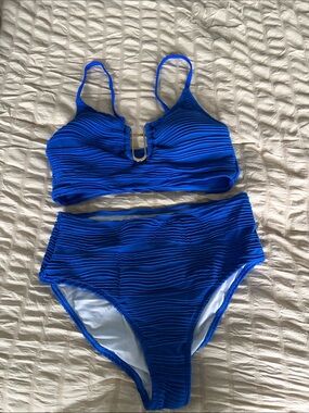 Blue Textured Two-Piece Swimsuit Set